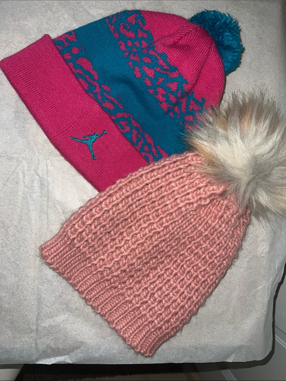 Youth Winter Hat Lot - Jordan Pink & Teal Pom Knit Hat & Dusty Pink Pom Knit Hat